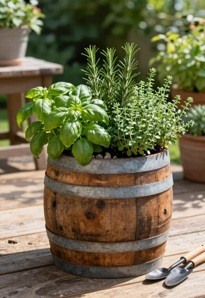 10 Barrel Planter Ideas for Rustic Garden and Patio Styling - 1. Herb Garden Barrel Planter