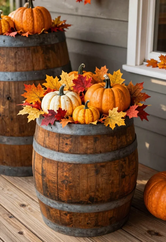 10 Barrel Planter Ideas for Rustic Garden and Patio Styling - 10. Seasonal Decor Barrel Planter