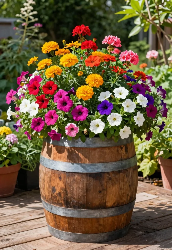 10 Barrel Planter Ideas for Rustic Garden and Patio Styling - 2. Flowering Barrel Blooms