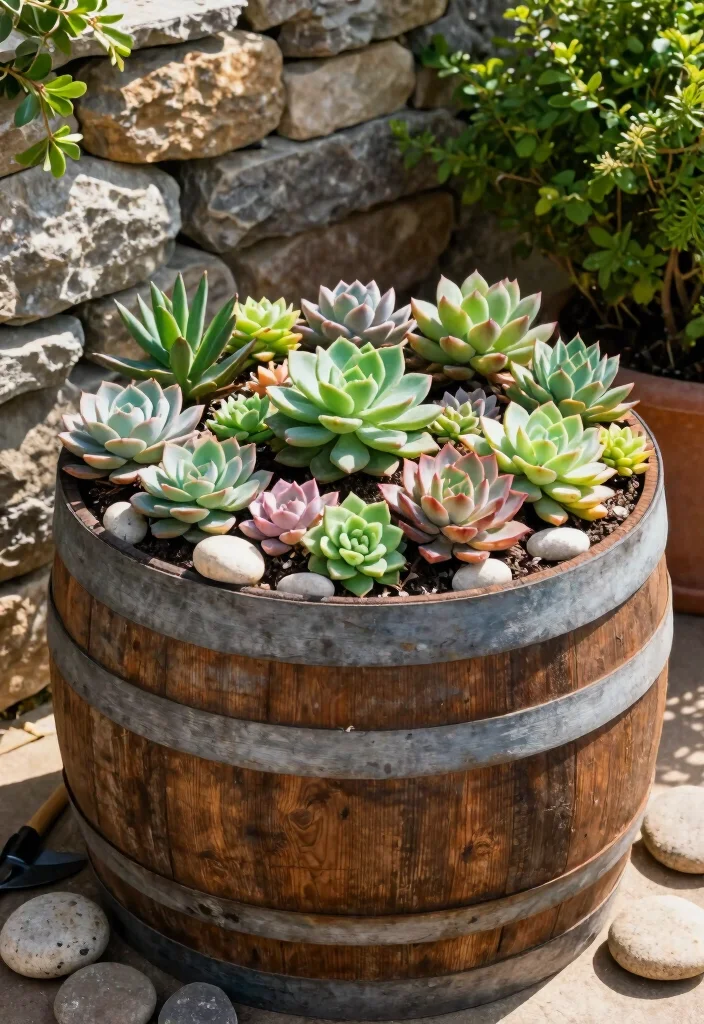 10 Barrel Planter Ideas for Rustic Garden and Patio Styling - 4. Rustic Succulent Display