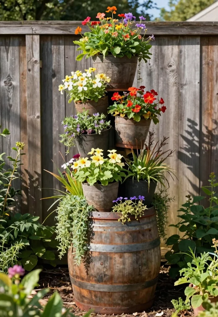 10 Barrel Planter Ideas for Rustic Garden and Patio Styling - 6. Vertical Barrel Planter Tower