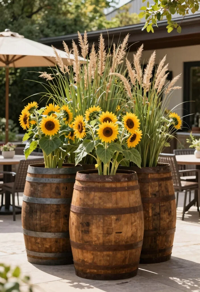 10 Barrel Planter Ideas for Rustic Garden and Patio Styling - 7. Rustic Barrel Privacy Screen