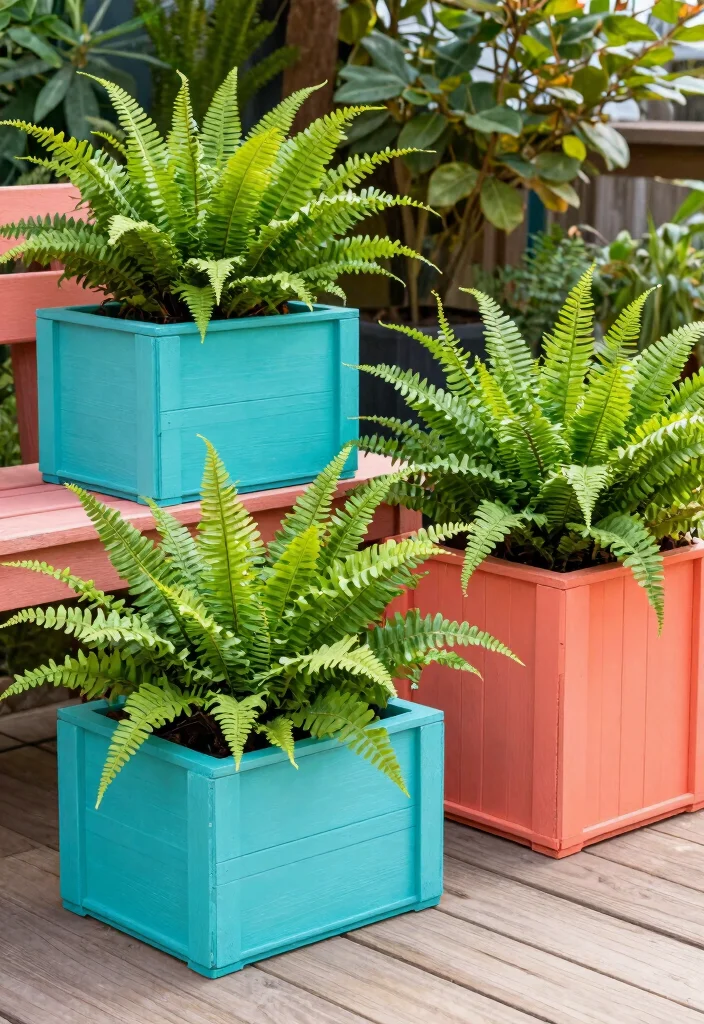 10 Boston Fern Planter Ideas for Breezy Porch and Patio Style 100 10 Boston Fern Planter Ideas for Breezy Porch and Patio Style - 10. Brightly Painted Wood Boxes