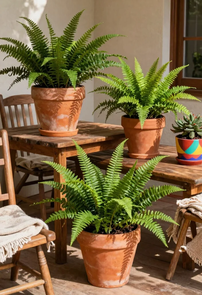 10 Boston Fern Planter Ideas for Breezy Porch and Patio Style 12 10 Boston Fern Planter Ideas for Breezy Porch and Patio Style - 2. Rustic Terracotta Pots