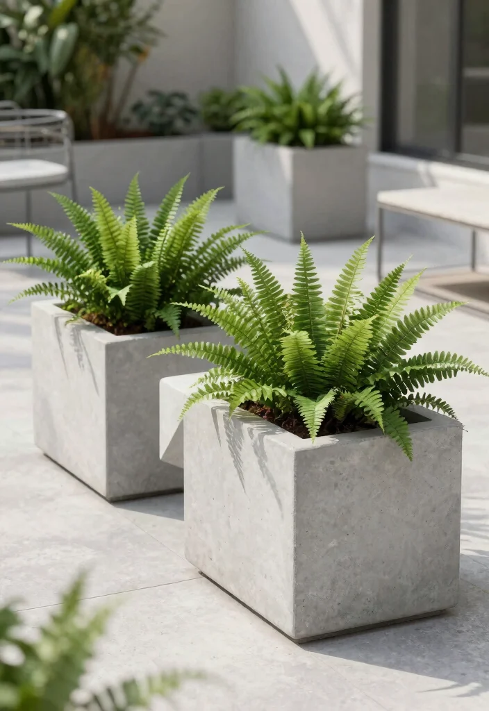 10 Boston Fern Planter Ideas for Breezy Porch and Patio Style 89 10 Boston Fern Planter Ideas for Breezy Porch and Patio Style - 9. Minimalist Concrete Planters