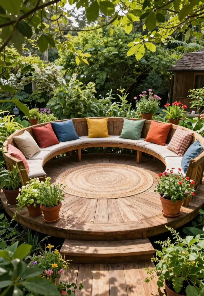 10 Circle Patio Ideas for Charming and Balanced Garden Layouts - 2. Eco-Friendly Wood Deck Circle