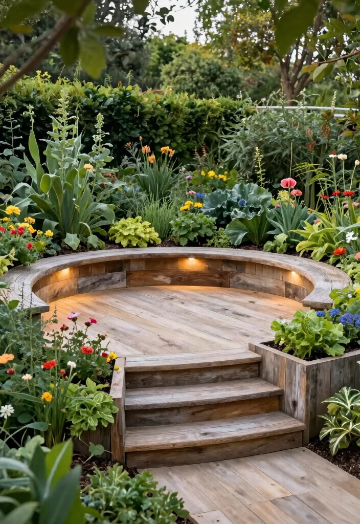 10 Circle Patio Ideas for Charming and Balanced Garden Layouts - 3. Elevated Circular Patio with Garden Beds