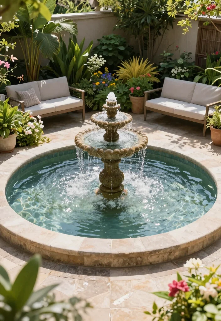 10 Circle Patio Ideas for Charming and Balanced Garden Layouts - 8. Circular Patio with Water Feature