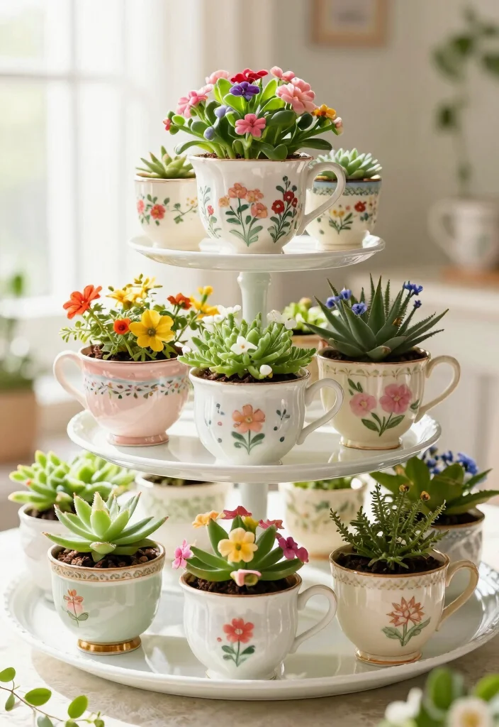 10 Three Tiered Planter Ideas for Vertical Small Space Gardening - 10. Vintage Teacup Planters