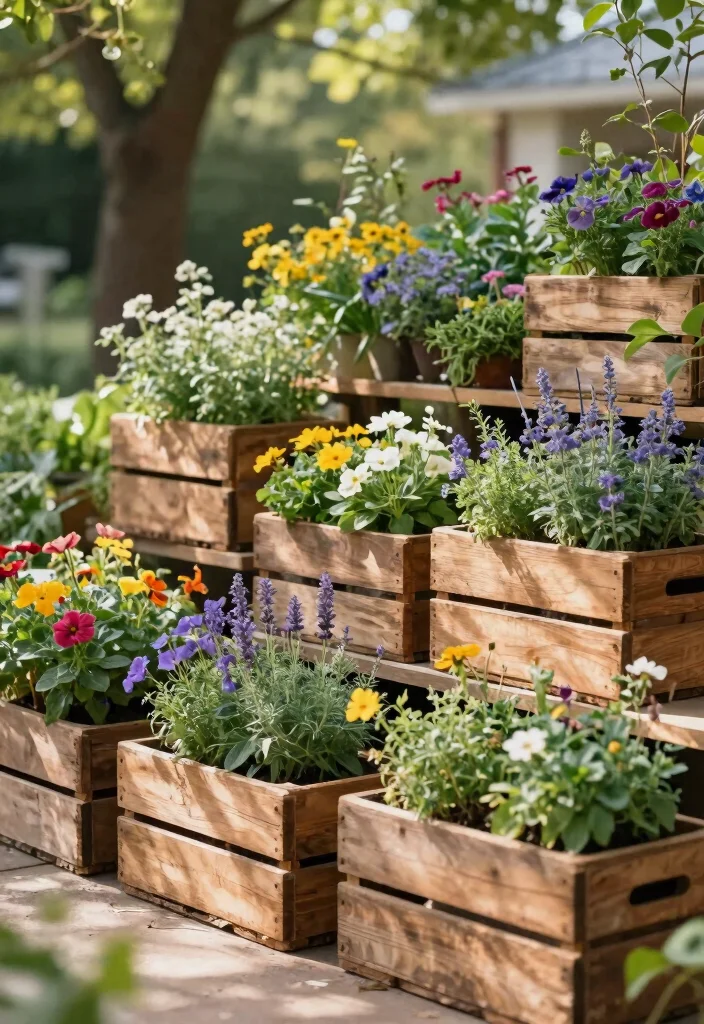10 Three Tiered Planter Ideas for Vertical Small Space Gardening - 7. Upcycled Wooden Crate Garden