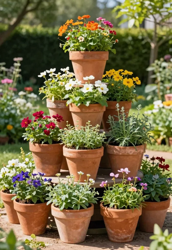 10 Three Tiered Planter Ideas for Vertical Small Space Gardening - 9. Clay Pot Pyramid