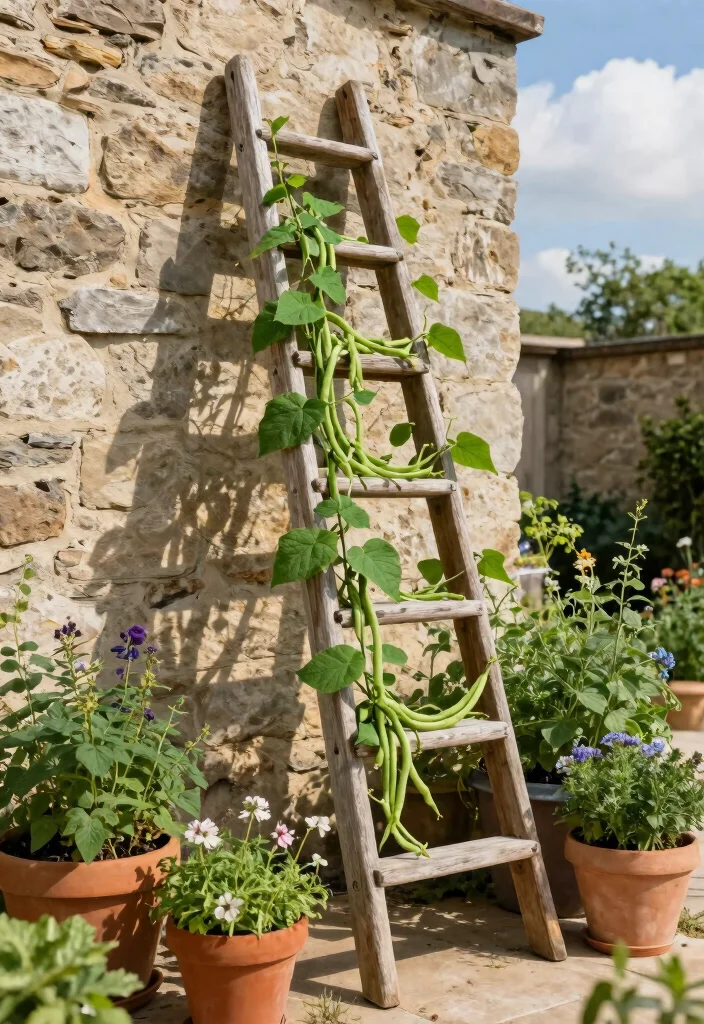 12 Bean Trellis Ideas That Support Strong Vines and Bigger Yields - 1. Rustic Wooden Ladder Trellis