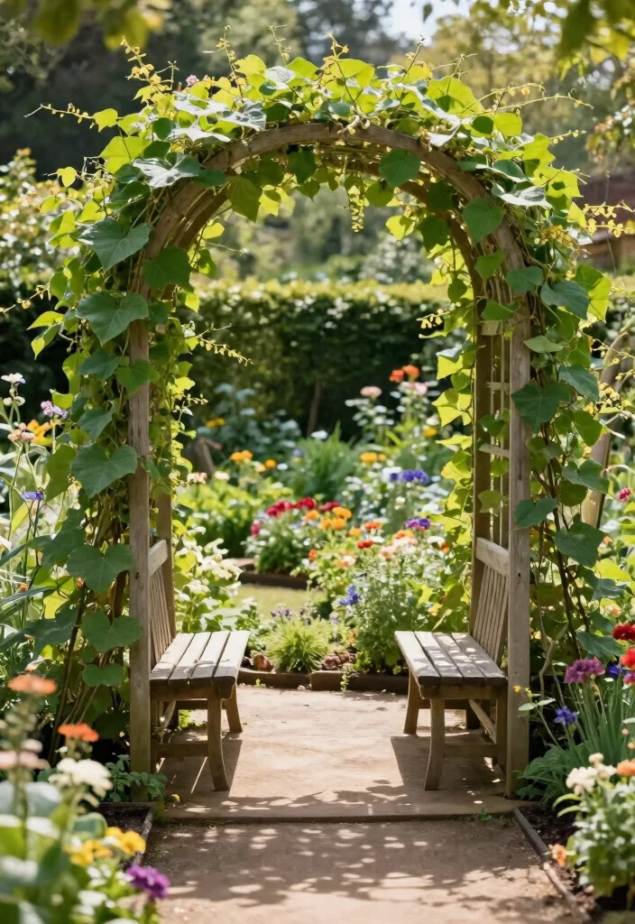 12 Bean Trellis Ideas That Support Strong Vines and Bigger Yields - 12. Trellis Archway with Seating