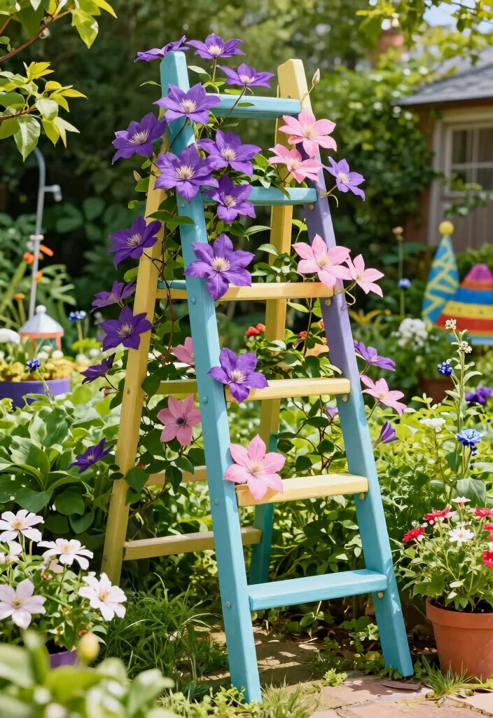 12 Clematis Trellis Ideas to Show Off Blooms in Any Garden - 6. Colorful DIY Ladder Trellis
