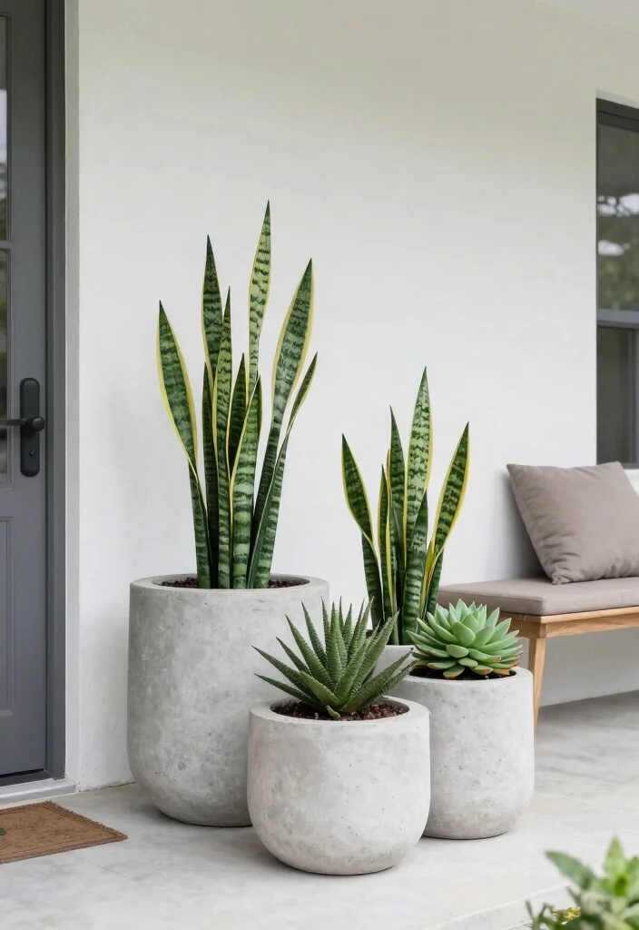 12 Front Porch Planter Ideas for Welcoming Seasonal Decor - 10. Minimalist Concrete Planters