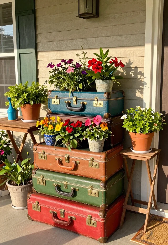 12 Front Porch Planter Ideas for Welcoming Seasonal Decor - 5. Vintage Suitcase Planters