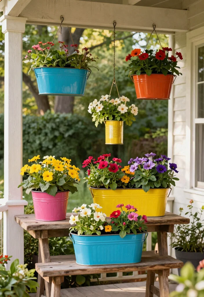 12 Front Porch Planter Ideas for Welcoming Seasonal Decor - 8. Recycled Tin Can Planters