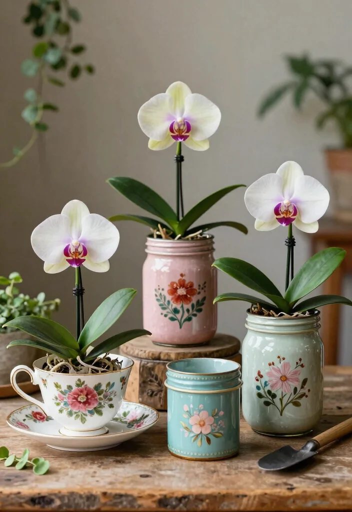 12 Orchid Planter Ideas for Healthy Roots and Pretty Displays - 7. Repurposed Vintage Containers