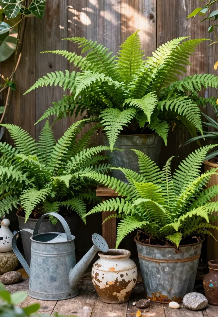 12 Part Shade Planter Ideas for Low Light Patio Corners - 1. Ferns in Vintage Containers