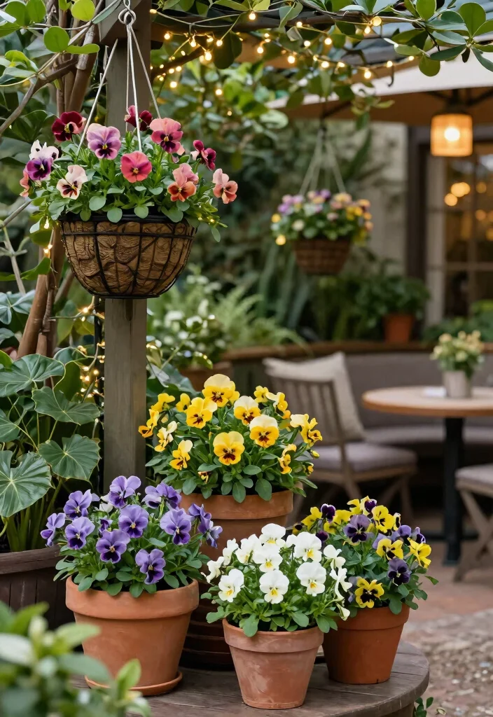 12 Part Shade Planter Ideas for Low Light Patio Corners - 10. Pansies and Violas Combo