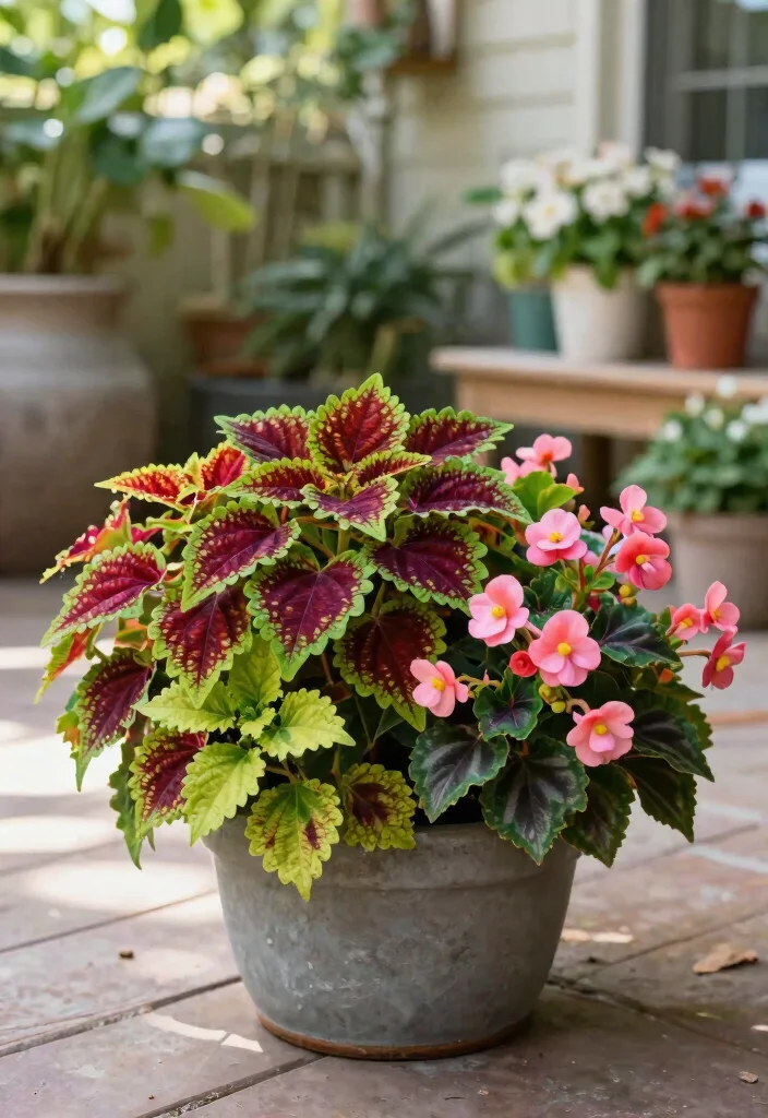 12 Part Shade Planter Ideas for Low Light Patio Corners - 11. Combo of Coleus and Begonia
