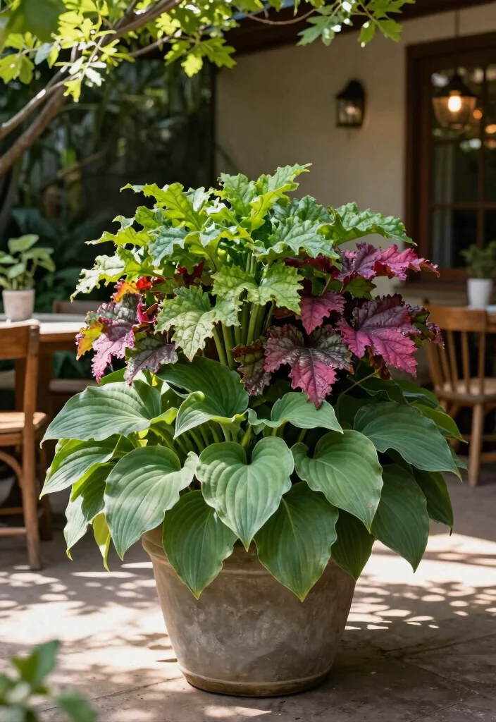 12 Part Shade Planter Ideas for Low Light Patio Corners - 3. Hostas and Heuchera Pairing