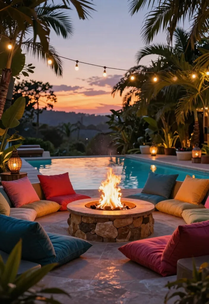 12 Poolside Landscaping Ideas for a Relaxed Resort Feel - 2. Cozy Fire Pit Area