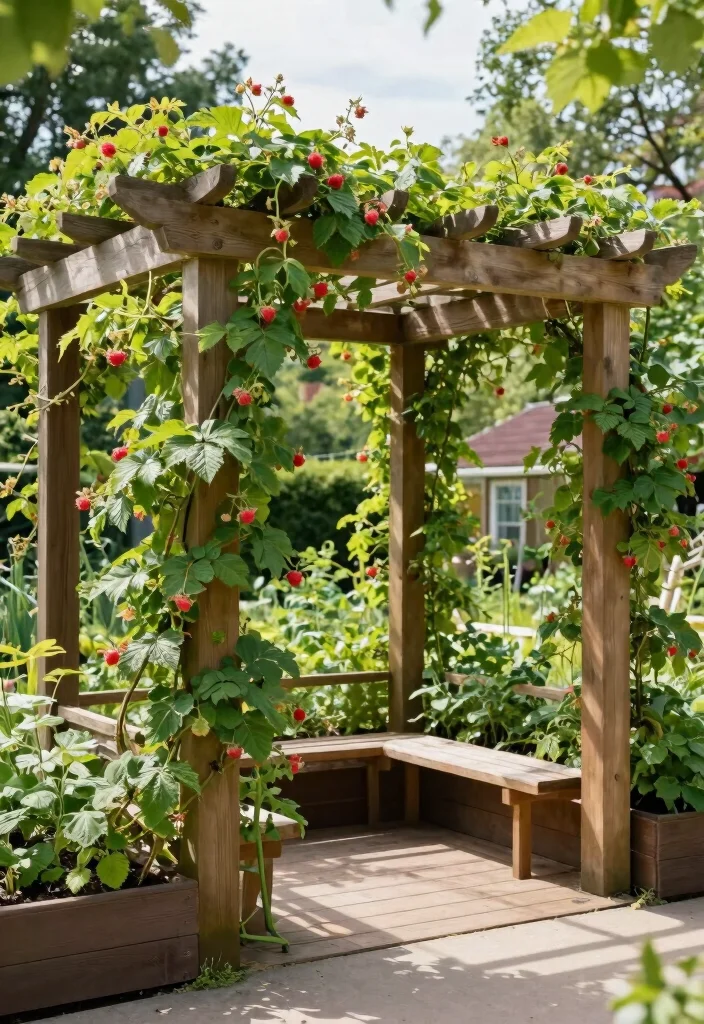 12 Raspberry Trellis Ideas for Healthy Growth in Small Gardens - 12. Pergola with Raspberry Planting Beds