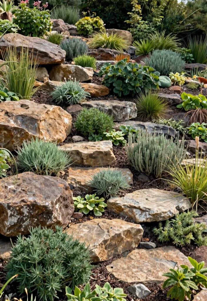 12 Sloping Flower Bed Ideas for Neat and Layered Planting - 3. Rock Gardens for Natural Charm