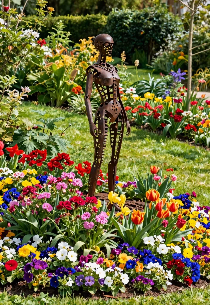 12 Sloping Flower Bed Ideas for Neat and Layered Planting - 9. Artistic Garden Sculptures