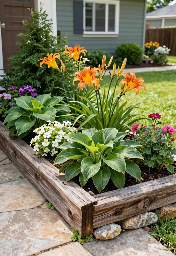12 Small Front Yard Flower Bed Ideas for Charming Curb Appeal 122 12 Small Front Yard Flower Bed Ideas for Charming Curb Appeal - 12. Rustic Flower Bed Edging
