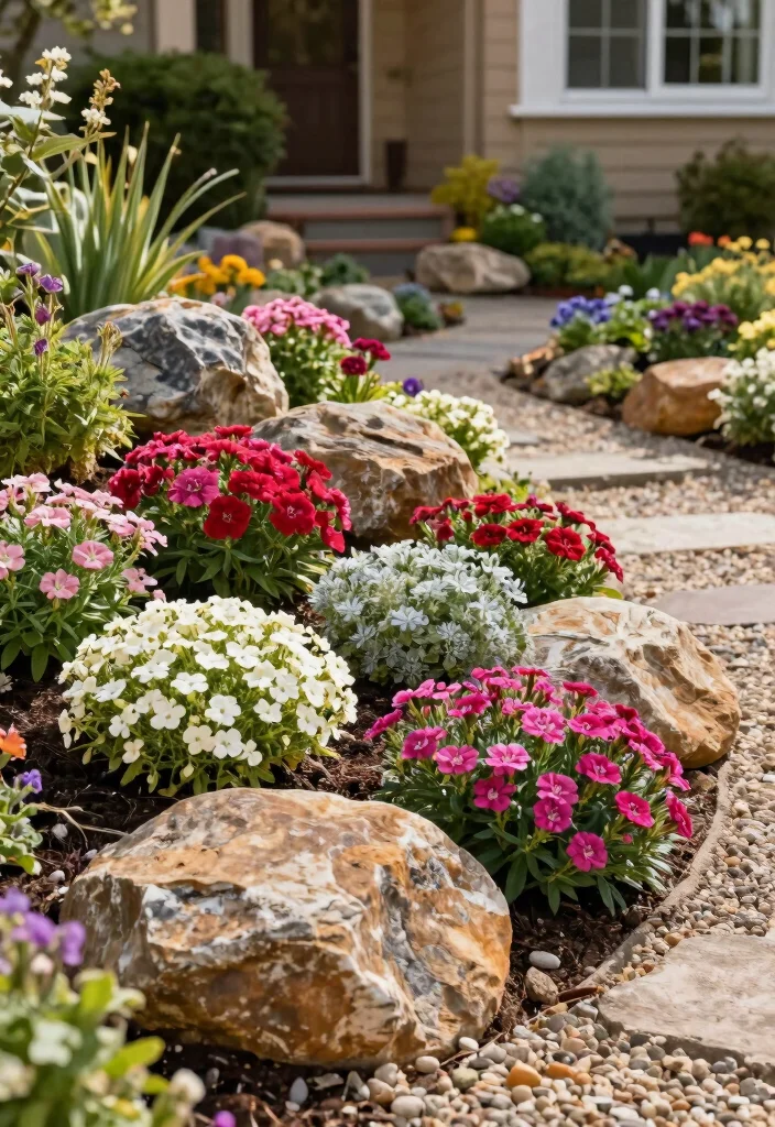 12 Small Front Yard Flower Bed Ideas for Charming Curb Appeal 56 12 Small Front Yard Flower Bed Ideas for Charming Curb Appeal - 6. Rock Garden Flower Bed