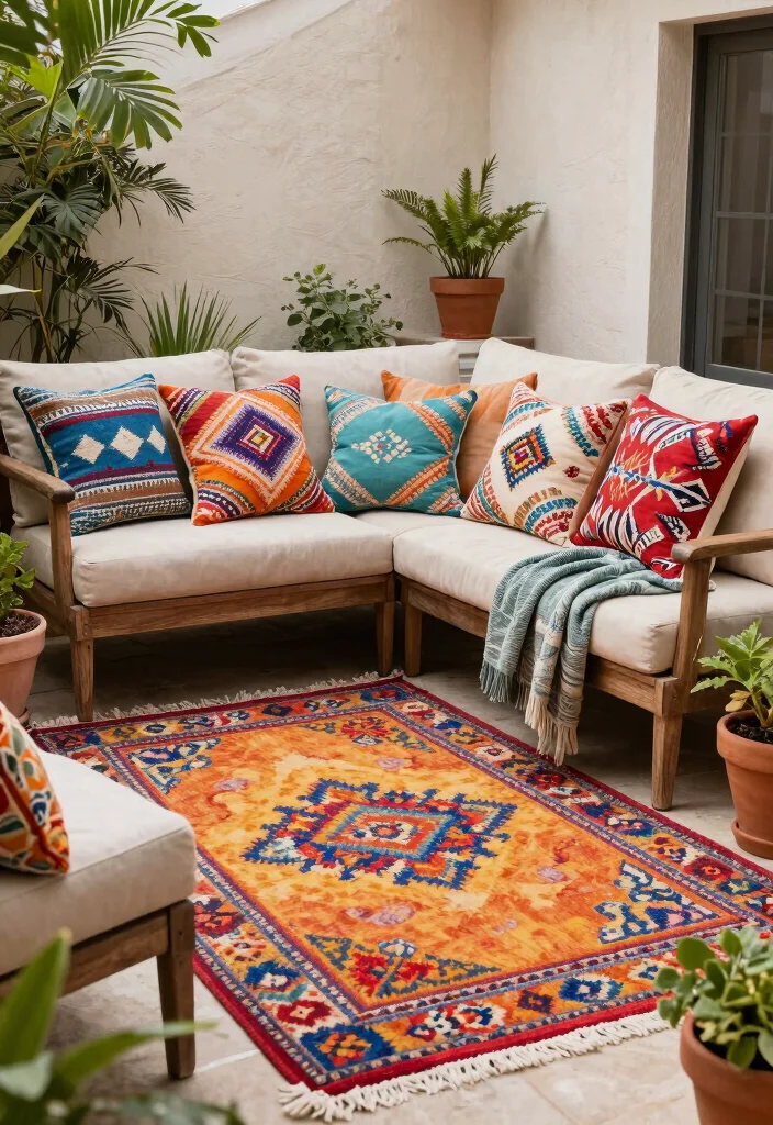 12 Small Outdoor Patio Ideas That Maximize Cozy Spaces - 5. Use of Colorful Textiles