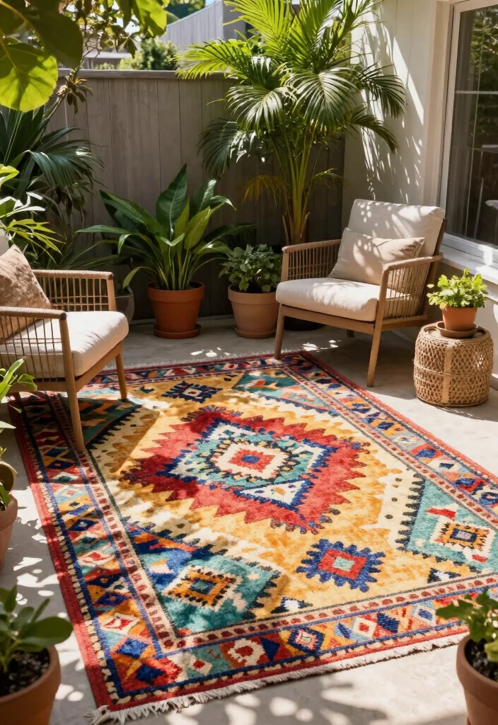 12 Small Outdoor Patio Ideas That Maximize Cozy Spaces - 8. Outdoor Rugs for Comfort