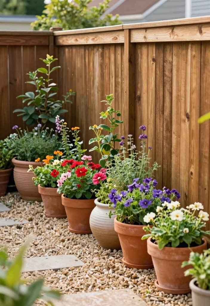 14 Backyard Fence Landscaping Ideas for Softened Borders - 5. Potting Up: Container Gardens Along the Fence