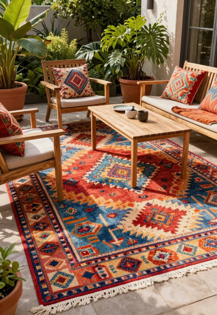 14 Backyard Patio Ideas for Stylish and Practical Outdoor Living - 6. Colorful Outdoor Rugs
