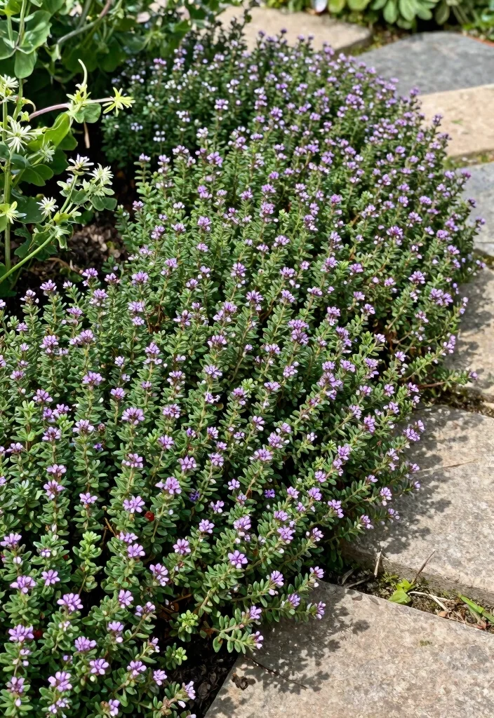 14 Border Flower Bed Ideas for Defined and Colorful Edging - 10. Ground-Covering Creeping Thyme
