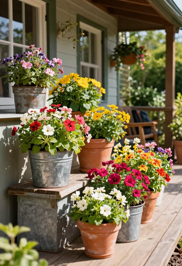 14 Country Farmhouse Landscaping Ideas with Rustic Garden Charm - 12. Use Colorful Containers
