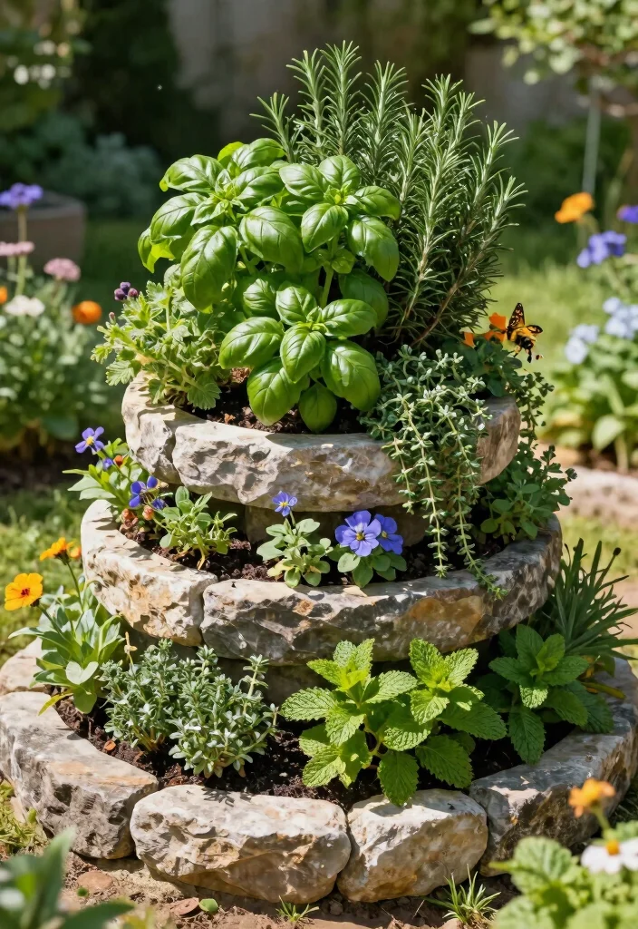 14 Country Farmhouse Landscaping Ideas with Rustic Garden Charm - 3. Create a Flowering Herb Spiral