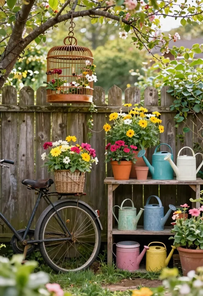 14 Country Farmhouse Landscaping Ideas with Rustic Garden Charm - 4. Incorporate Vintage Garden Elements