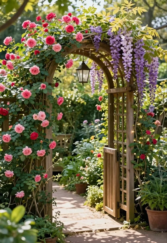 14 Country Farmhouse Landscaping Ideas with Rustic Garden Charm - 9. Use Trellises and Arbors