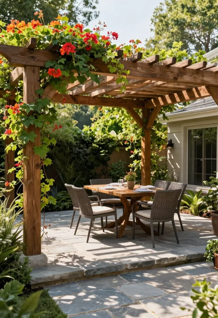 14 Flagstone Patio Ideas for Natural Outdoor Texture - 10. Shade Structures Above