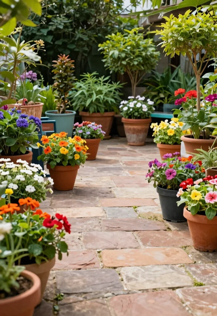 14 Flagstone Patio Ideas for Natural Outdoor Texture - 12. Colorful Accents with Potted Plants