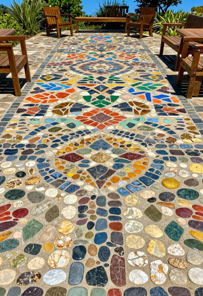 14 Flagstone Patio Ideas for Natural Outdoor Texture - 8. Artistic Mosaic Design