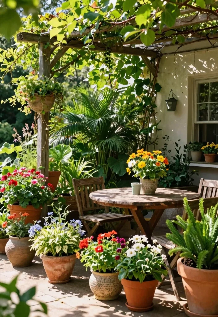 14 Shade Patio Ideas for Cool Relaxing Outdoor Spaces - 1. Lush Green Container Gardens