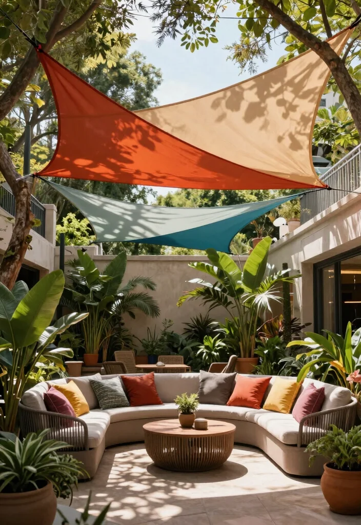 14 Shade Patio Ideas for Cool Relaxing Outdoor Spaces - 5. Shade Sails for an Artistic Touch
