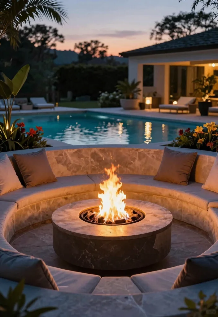 18 Pool Landscaping Ideas for Fresh Clean Outdoor Ambiance - 10. Modern Fire Pit Area