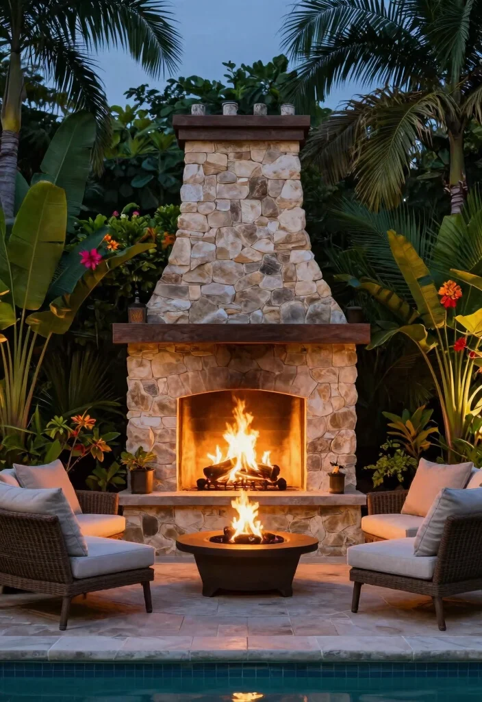 18 Pool Landscaping Ideas for Fresh Clean Outdoor Ambiance - 18. Tropical Outdoor Fireplace
