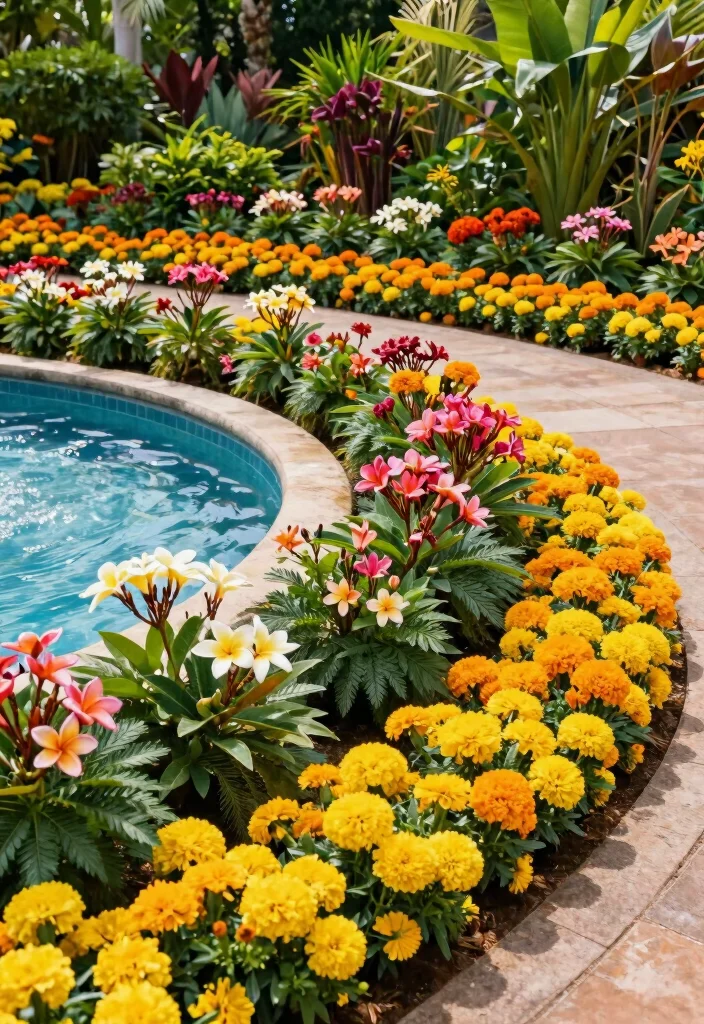 18 Pool Landscaping Ideas for Fresh Clean Outdoor Ambiance - 8. Vibrant Flower Beds