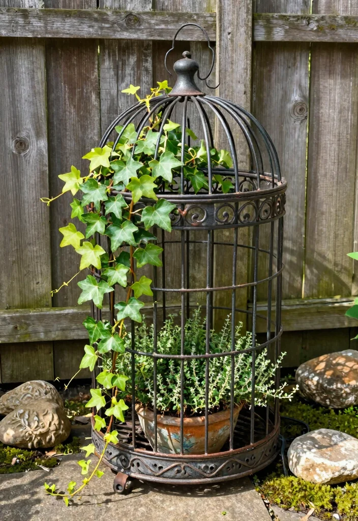 10 Bird Cage Planter Ideas for Vintage Garden Style 1. Rustic Wrought Iron Bird Cage Planter 0